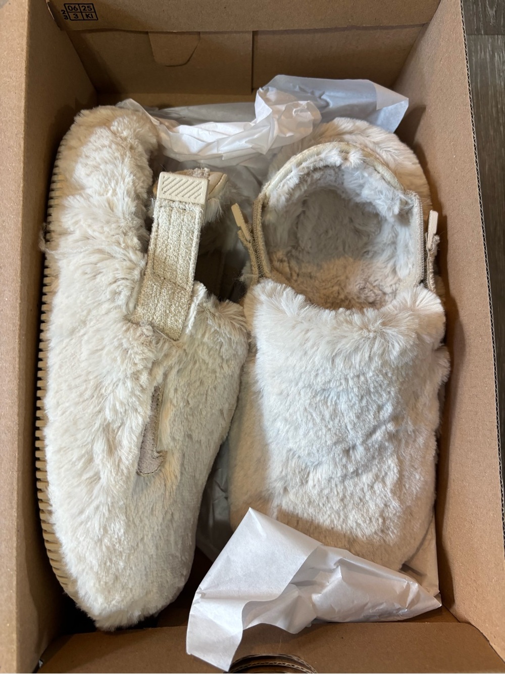 Nike Plush Faux Fur Slip-On Slippers in Cream
